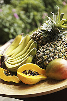 夏威夷,热带水果,托盘,菠萝,芒果,香蕉,木瓜