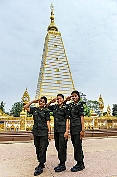 女性,军人,泰国人,军队,正面,佛塔,寺院,泰国,亚洲