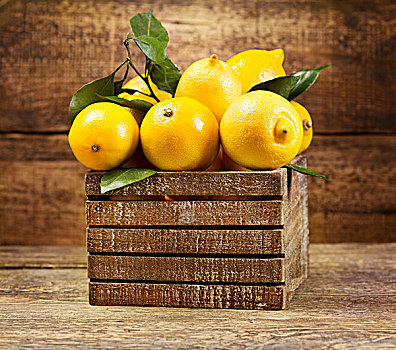 新鲜,柠檬,叶子,木盒