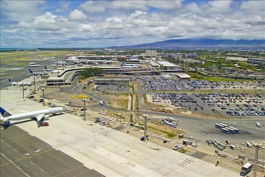 夏威夷,瓦胡岛,檀香山,国际机场,俯视,飞机,停放,航站楼
