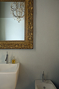 镜子,高处,壁装式,盥洗池,现代,浴室