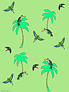 绿色背景,巨嘴鸟,鹦鹉,飞跃,棕榈树
