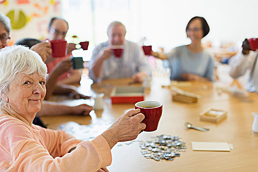 头像,高兴,老年,女人,享受,下午茶,朋友,社区中心