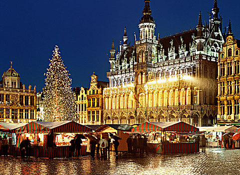夜景,皇家油画协会,圣诞节,市场,格罗特,世界遗产,布鲁塞尔,比利时,欧洲