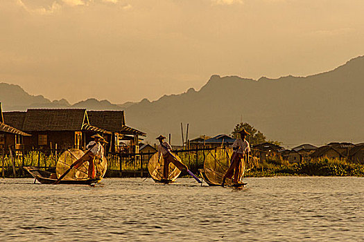 渔民,工作,腿,划船,茵莱湖,缅甸