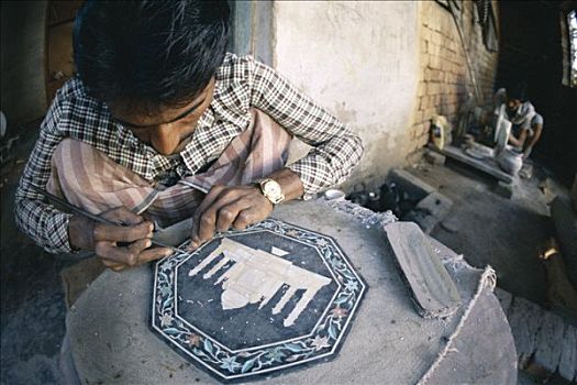 男人,雕刻,大理石,镶嵌,纪念品,盘子,泰姬陵,北方邦,印度