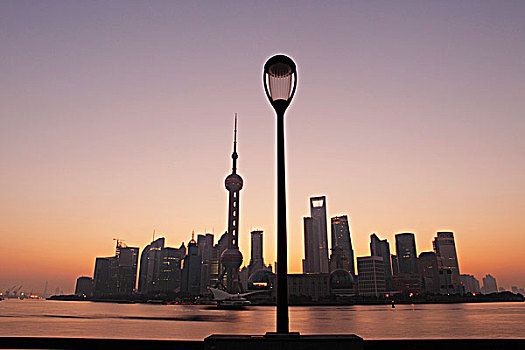 上海,天际线,日出,灯,前景