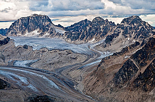 航拍,冰河,山峦,阿拉斯加山脉,靠近,德纳里峰国家公园,保存,室内,阿拉斯加,夏天