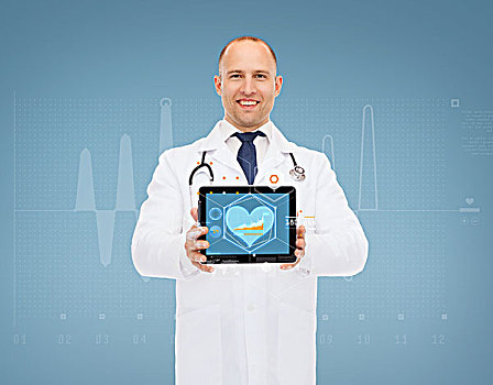 医疗,职业,科技,生物学,卫生保健,概念,微笑,男医生,听诊器,展示,平板电脑,电脑屏幕,上方,蓝色背景