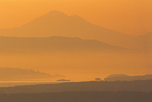 山峰,遮盖,雾,日出,贝克山,半岛,温哥华岛,不列颠哥伦比亚省,加拿大