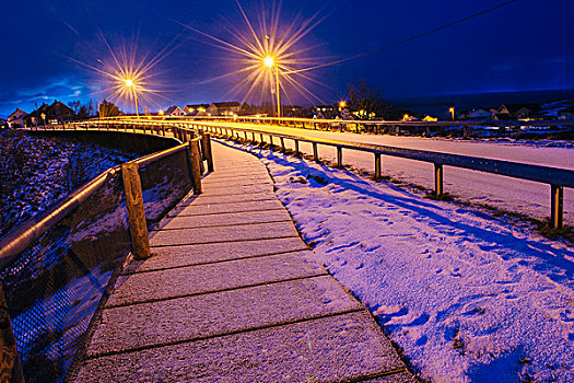 积雪,小路,公路,夜晚,瑞恩,罗弗敦群岛,挪威