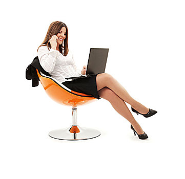 职业女性,椅子,笔记本电脑,电话,上方,白色