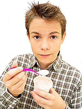 头像,男孩,青少年,吃,酸奶