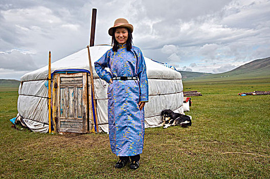 蒙古,湖,女人,正面,蒙古包
