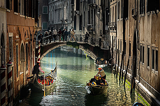 运河,小船,平底船夫,威尼斯,威尼托,意大利,欧洲