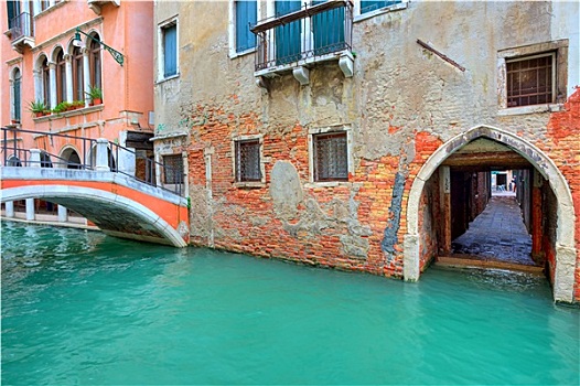 小桥,上方,狭窄,运河,特色,老,红砖,房子,威尼斯,意大利
