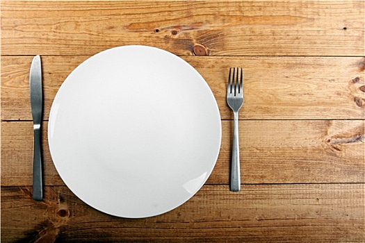 空,白色,盘子,褐色,木桌子