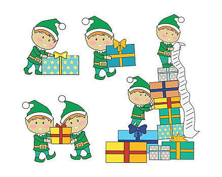 仙女,小精灵,圣诞礼物,设计,矢量,有趣,圣诞节,绿色,套装,拿着,计算,礼盒,条纹,寒假,庆贺,象征,白色背景