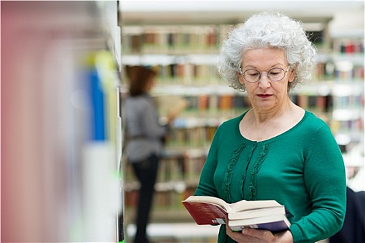老年,女人,读,选择,书本,图书馆