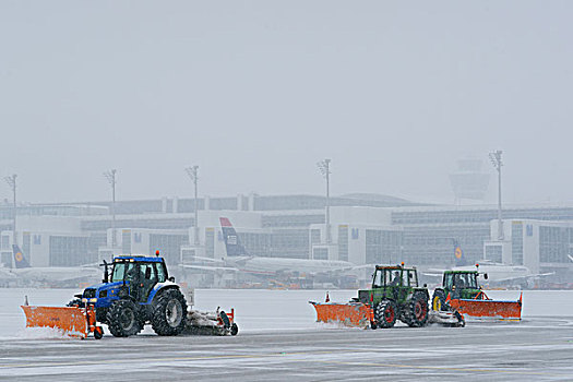 雪,冬天,拖拉机,飞机,东方,围裙,慕尼黑机场,巴伐利亚,德国,欧洲