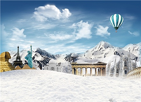世界,地标建筑,山,雪,热气球,飞,空中