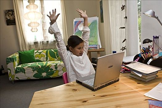 孩子,女生,工作,笔记本电脑,伸展