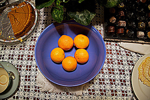 蓝色,碗,橘子,桌上,甜点