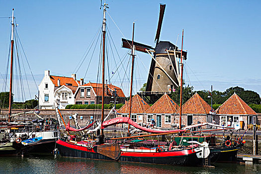 荷兰,西兰岛,船,停靠,港口,风车,背景
