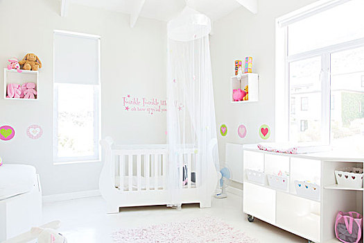 白色,婴儿床,薄纱,篷子,淡色调,彩色,婴儿室