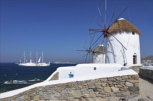 风车,白色,帆船,地标,米克诺斯岛,岛屿,基克拉迪群岛,希腊,欧洲