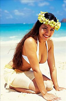 夏威夷,瓦胡岛,女人,跪着,海滩,倚靠,沙子