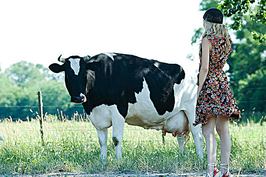 美女,站立,看,母牛,后视图
