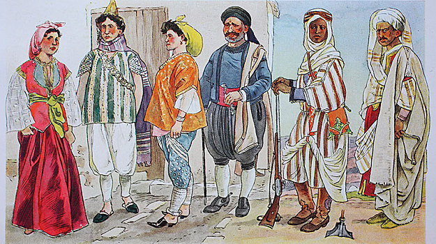 衣服,时尚,突尼斯,19世纪,插画,非洲
