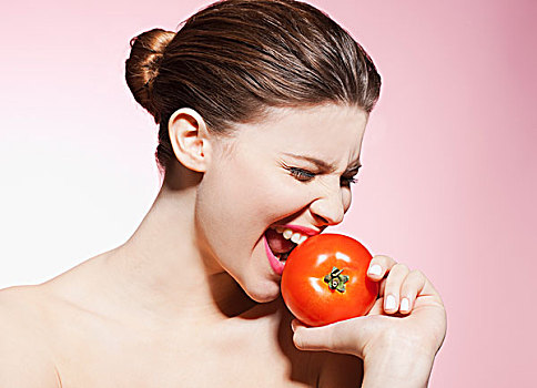 女人,吃,西红柿