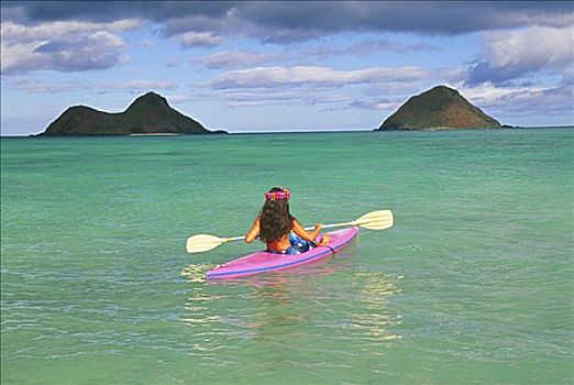 夏威夷,瓦胡岛,后视图,女人,粉色,漂流,清水,黄色,蓝天
