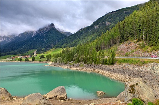 小,高山,湖,平静,青绿色,彩色,水,山,阴天,瑞士