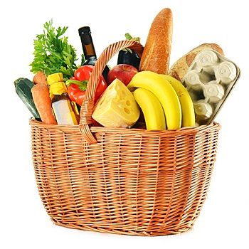 柳条篮,品种,食物杂货,商品,隔绝,白色背景