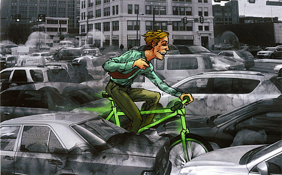 插画,图像,男人,骑,绿色,自行车,重,交通
