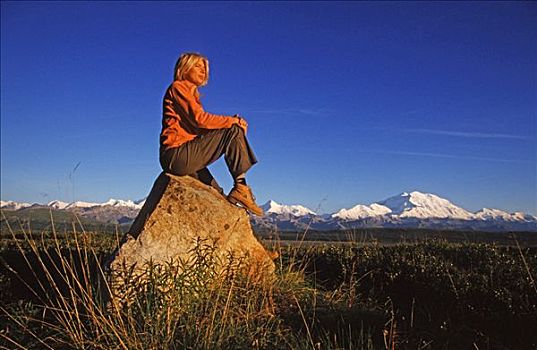 远足,德纳里峰国家公园,山,麦金利山,背景,阿拉斯加,美国