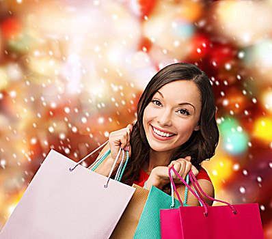 销售,礼物,圣诞节,圣诞,概念,微笑,女人,红裙,购物袋