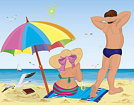 夫妇,海滩,伞