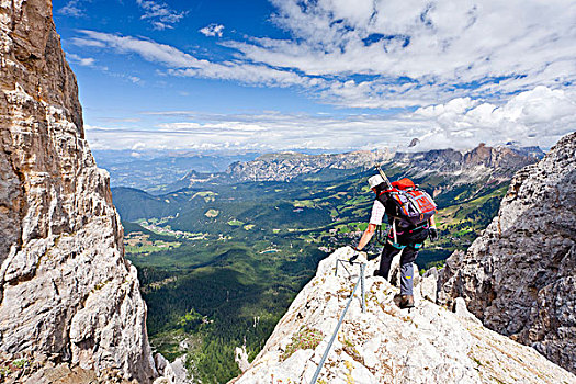登山者,攀登,山,固定,绳索,路线,白云岩,多,背影,省,意大利,欧洲