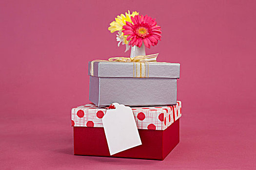 一堆,礼盒,标签,花,粉色背景