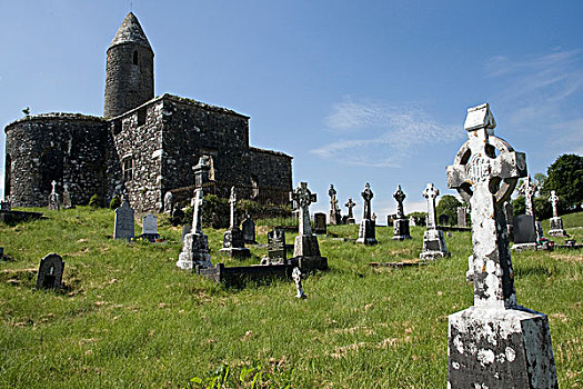爱尔兰,梅奥,圆塔,国家纪念建筑,约会,9世纪,旁侧,遗址,石头,教堂,墓地