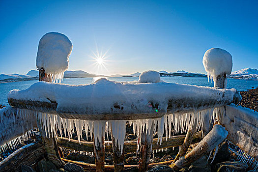 冰冻,码头,太阳,冬天,特罗姆瑟,特罗姆斯,挪威
