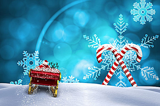 合成效果,图像,圣诞老人,飞,雪撬,圣诞糖果,蓝色背景