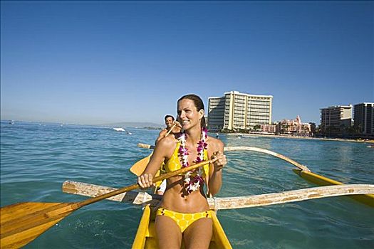 夏威夷,瓦胡岛,怀基基海滩,伴侣,划船,独木舟,酒店,背景