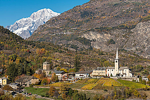 城堡,教堂,勃朗峰,背景,奥斯塔谷,意大利
