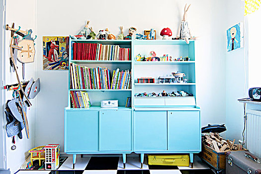 柜橱,涂绘,苍白,蓝色,童房,玩具,盒子,护甲