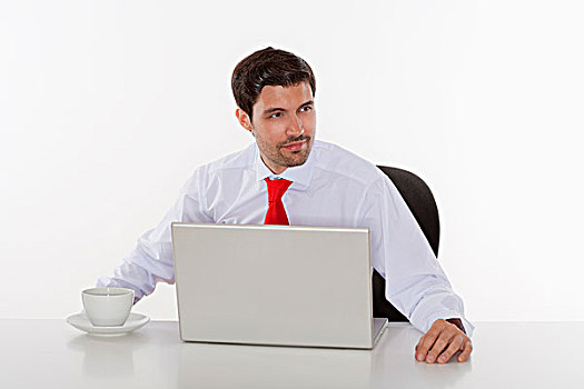 年轻,商务,管理人员,白色,衬衫,后面,书桌,笔记本电脑